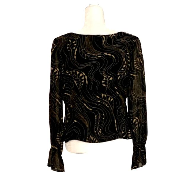 Maggie London Top Blouse Silk Black Tan V-Neck Long Sleeve Dressy Top Size 8 NEW - Picture 4 of 12